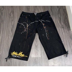 Miskeen Jet Black Hand Painted Gold White Grey Denim Capri Short Men's Size 42